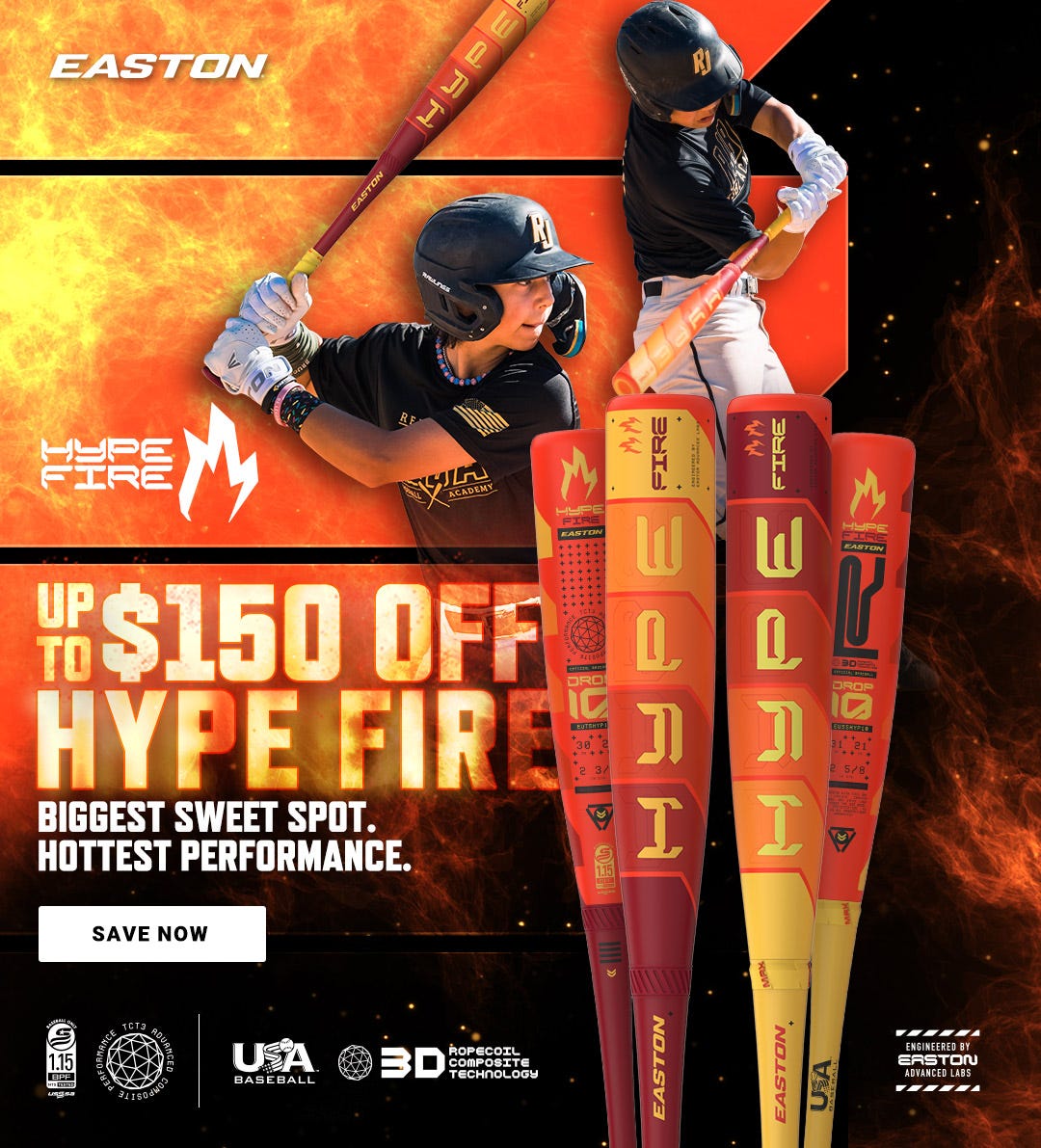 Up to $150 off 2025 Easton Hype Fire baseball bats