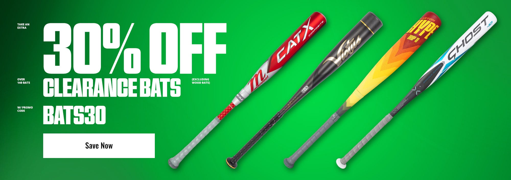Take an extra 30% off clearance bats (excluding wood bats) with promo code BATS30