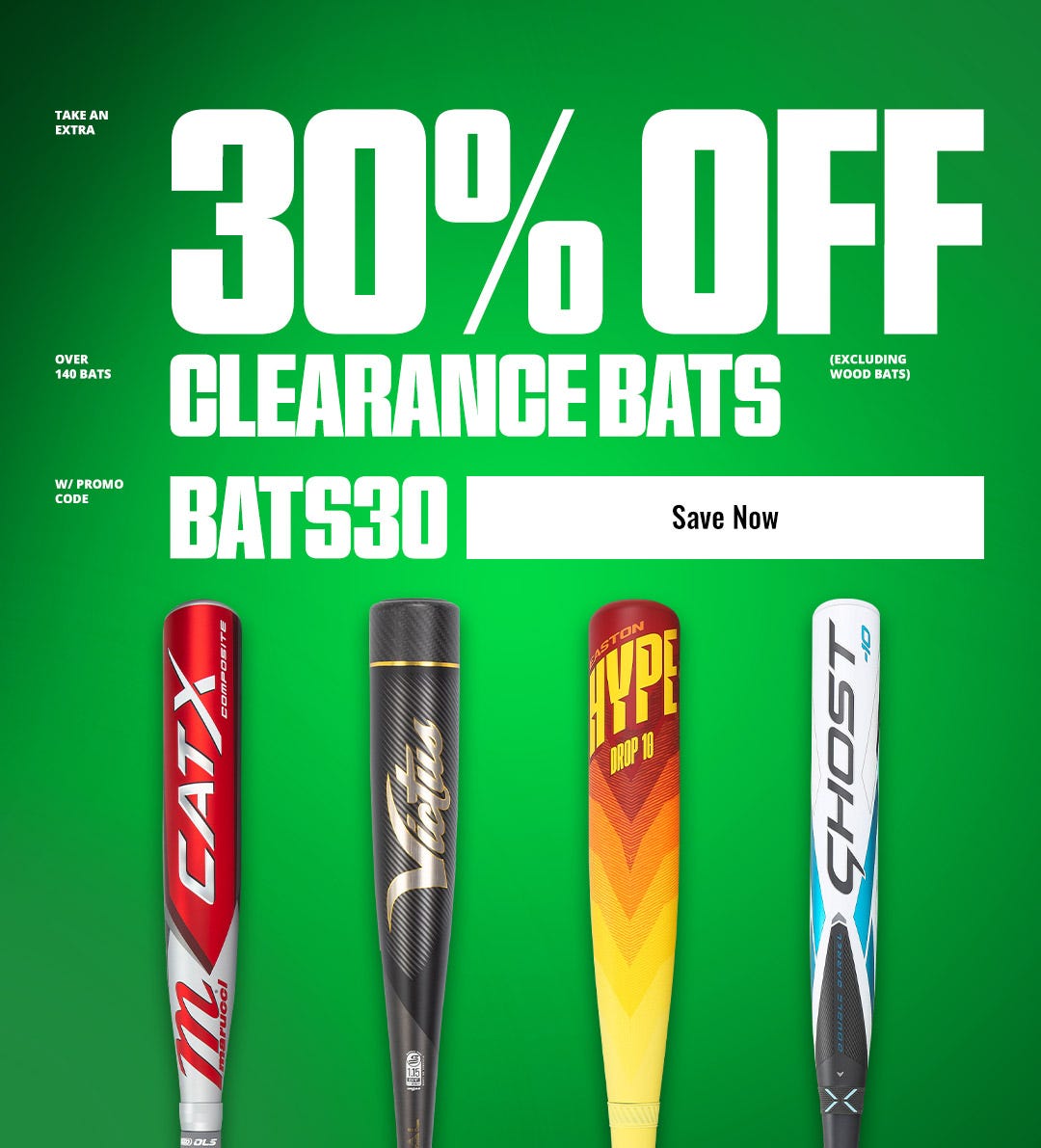 Take an extra 30% off clearance bats (excluding wood bats) with promo code BATS30