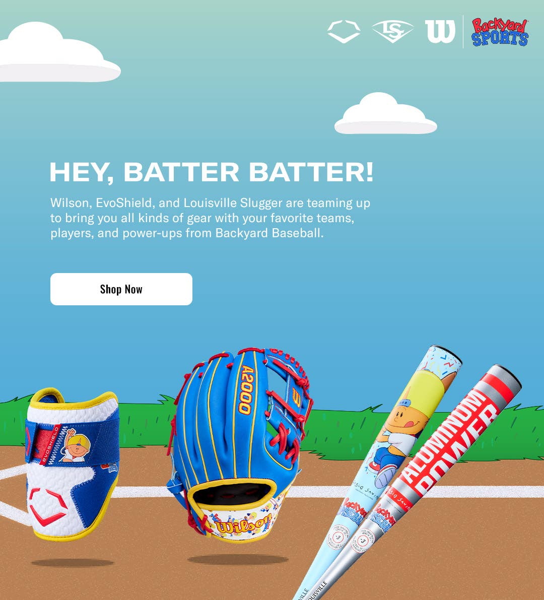 Hey, batter batter! Wilson, EvoShield, and Louisville Slugger are teaming up to bring you all kinds of gear with your favorite teams, players, and power-ups from Backyard Baseball.