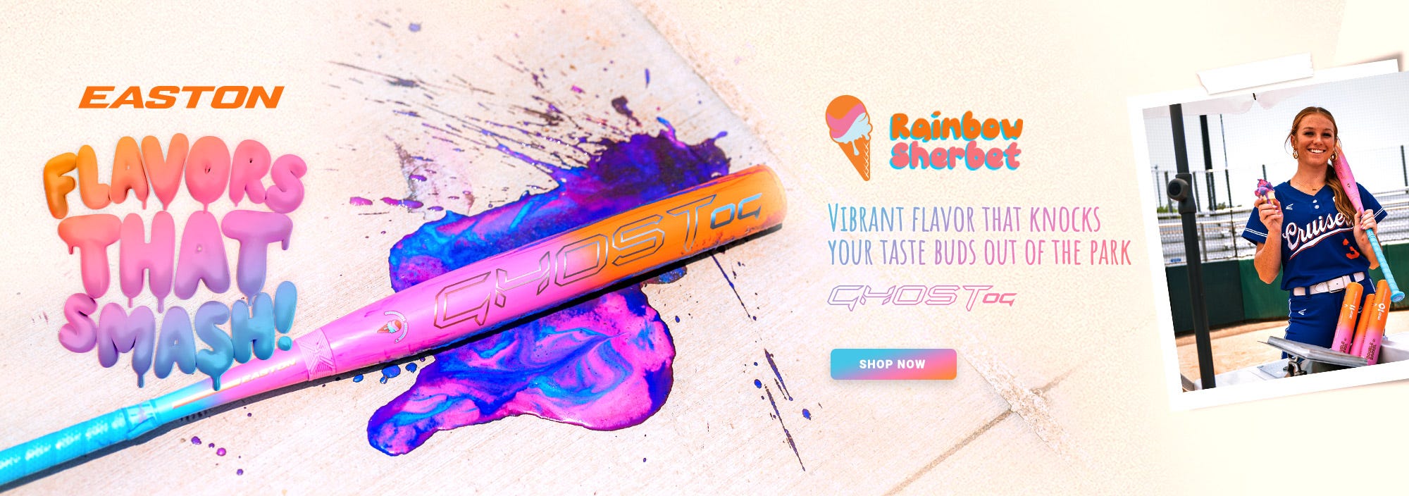 Easton Ghost OG Rainbow Sherbet Fastpitch Softball Bat. Flavors that smash. Vibrant flavor that knocks your taste buds out of the park.