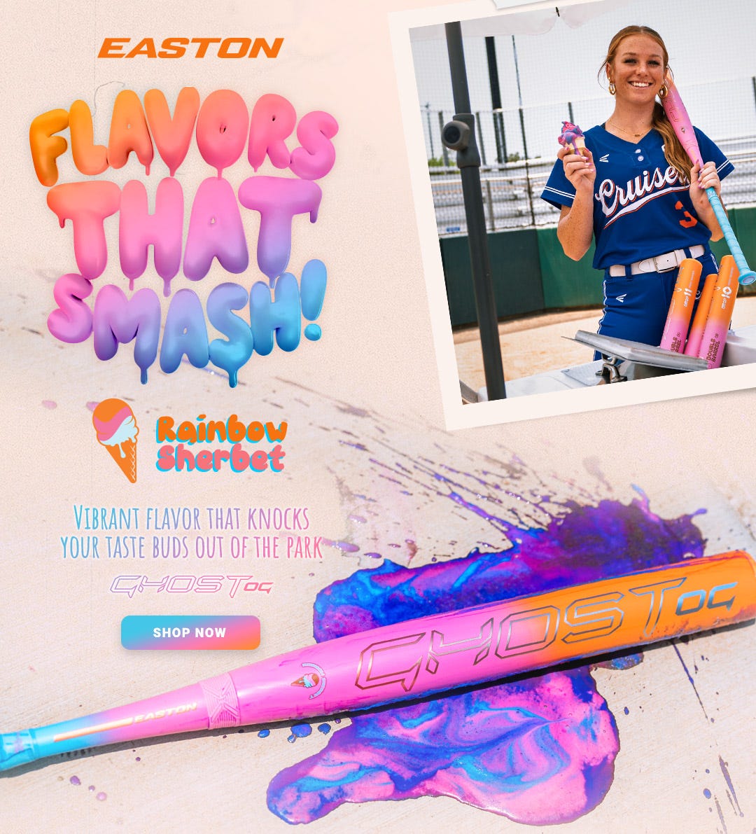 Easton Ghost OG Rainbow Sherbet Fastpitch Softball Bat. Flavors that smash. Vibrant flavor that knocks your taste buds out of the park.