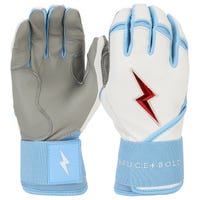 Bruce+Bolt Premium Pro Happ Series Mens Long Cuff Batting Gloves in White/Blue Size Large