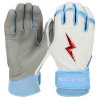 Bruce+Bolt Premium Pro Happ Series Mens Short Cuff Batting Gloves in White/Blue Size Large
