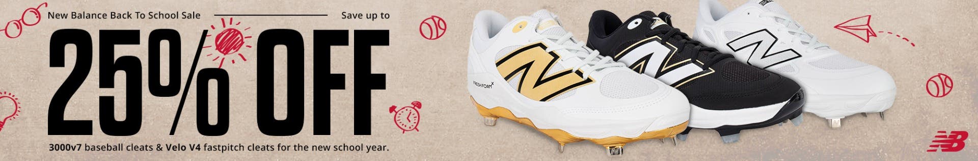New Balance Back to School Sale: Save up to 25% off 3000v7 baseball cleats and Velo V4 fastpitch cleats for the new school year
