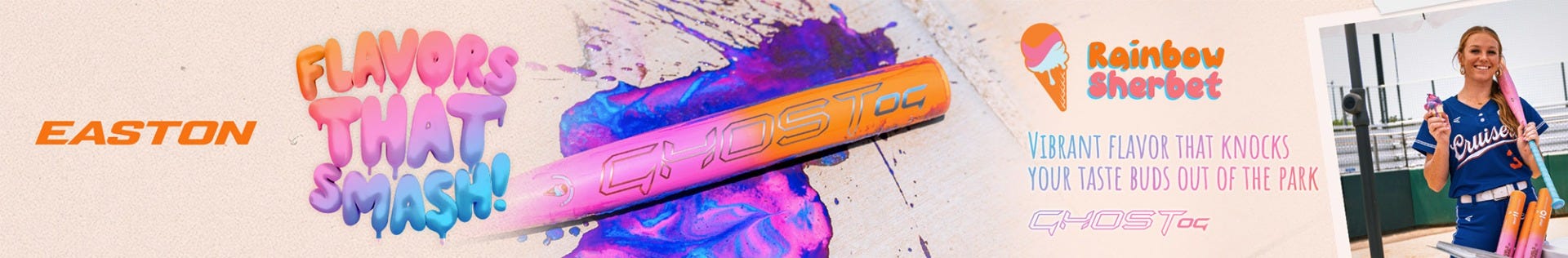 Easton Ghost OG Rainbow Sherbet Fastpitch Softball Bat. Flavors that smash. Vibrant flavor that knocks your taste buds out of the park.