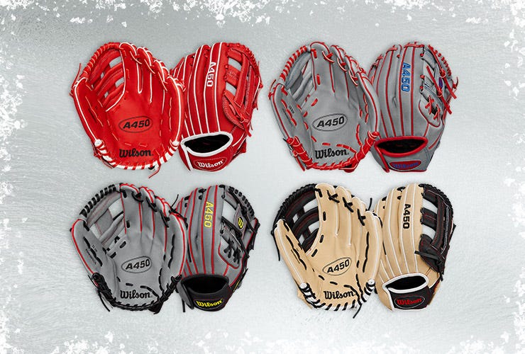 2024 Wilson A450 baseball gloves on an icy background