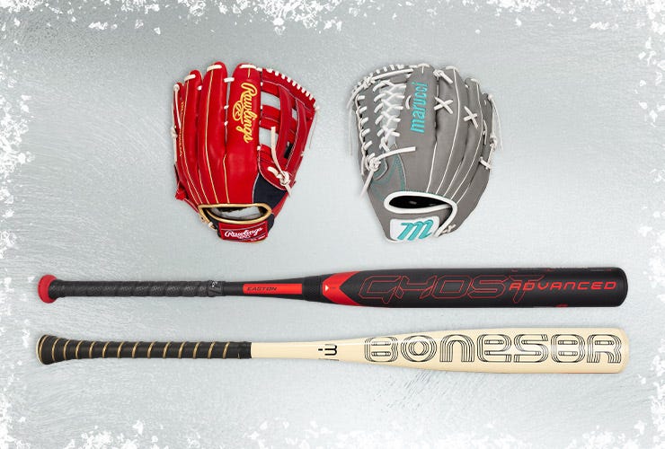 Two baseball gloves and two baseball bats on an icy background