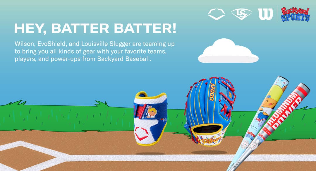 Hey, batter batter! Wilson, EvoShield, and Louisville Slugger are teaming up to bring you all kinds of gear with your favorite teams, players, and power-ups from Backyard Baseball.